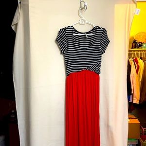 Cute black stripes and red dress.